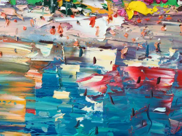 Detailed view of the crowded sunny beach and golden reflections in the water, featuring heavy impasto and vibrant summer colors.