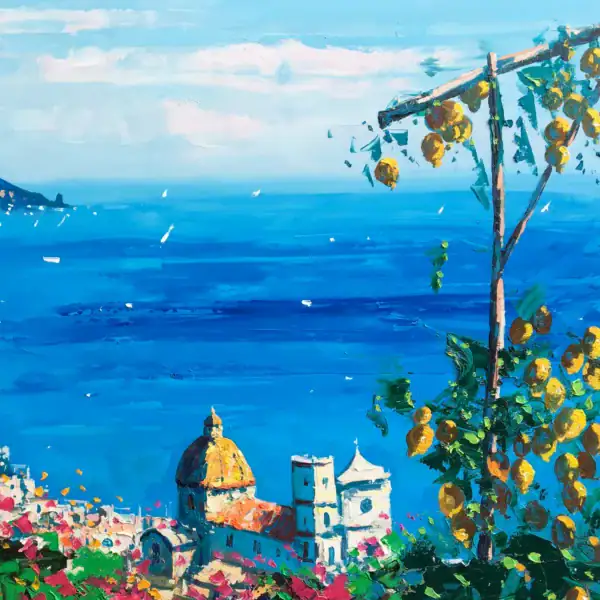 Close-up of bright yellow lemons and lush terrace vegetation in an original Positano oil painting, showing masterful palette knife work and rich colors.