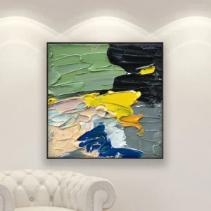 Abstract oil painting on canvas in a bright modern living room
