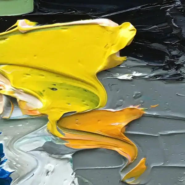 Close-up of the heavy impasto and palette knife technique in this original abstract painting.