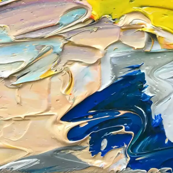 Detail of vibrant blue and yellow palette knife strokes in Agostino Veroni's original artwork.