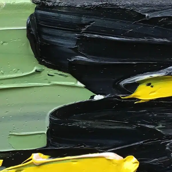 Macro view of the thick oil paint layers and textured surface on this abstract canvas.
