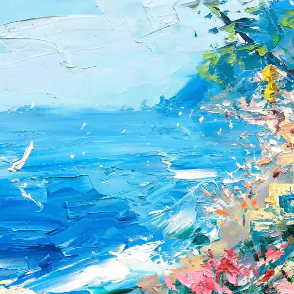 Detailed view of the turquoise Mediterranean sea with a small white sailboat, showing the expressive brushwork and heavy impasto texture.