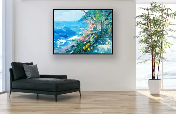 Vibrant original Positano sea view painting with yellow lemons by Agostino Veroni, showcased in a minimalist room with a black chaise longue.