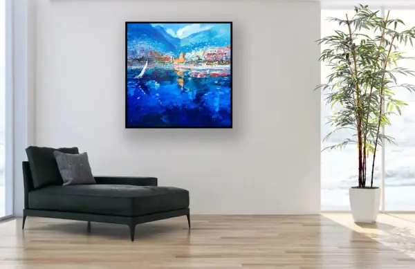 Large original oil painting of a white sailboat in Positano by Agostino Veroni, featured in a minimalist room with a black chaise longue.