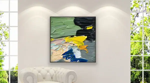 Large textured abstract canvas by Agostino Veroni styled in a bright, contemporary interior.