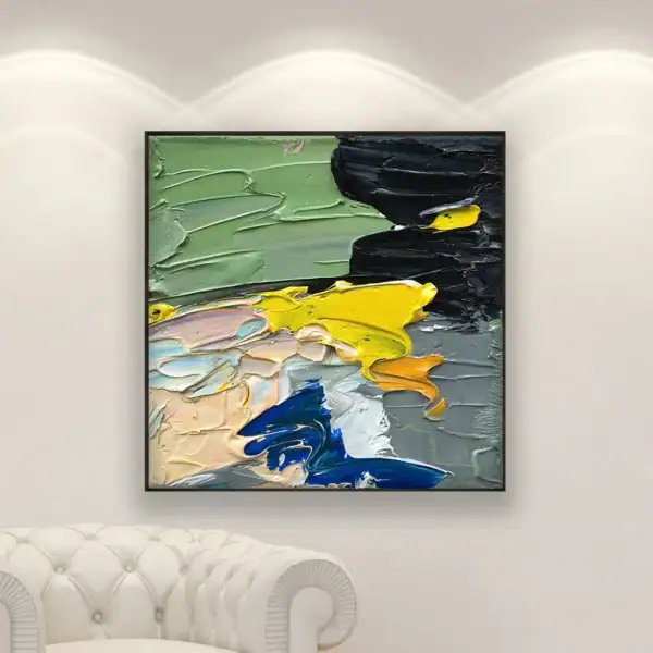 Original abstract oil painting by Agostino Veroni displayed in a modern white living room.