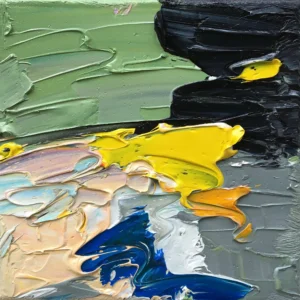 An original abstract oil painting by Agostino Veroni featuring vibrant blue and yellow colors with heavy impasto palette knife texture.