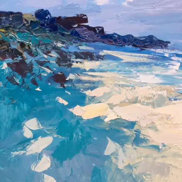 Detailed view of the dark coastal cliffs and blue horizon rendered with thick oil paint layers by Agostino Veroni.