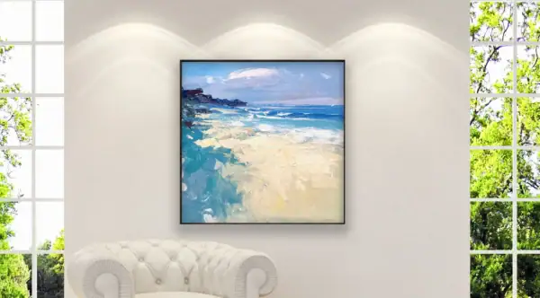 Perspective view of a large coastal oil painting by Agostino Veroni, showing its impact in a contemporary home gallery setting.