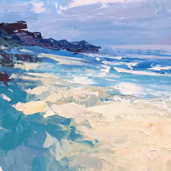 Macro detail of the heavy impasto white paint representing sea foam and waves in Agostino Veroni’s beach painting.