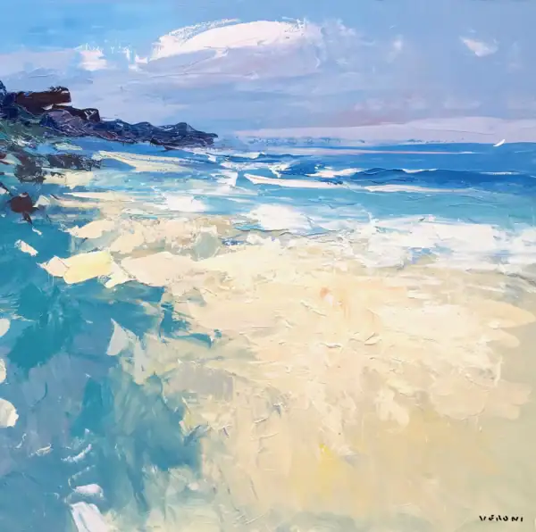 An original beach oil painting by Agostino Veroni, featuring a sunny coastline with turquoise waves and heavy impasto texture.