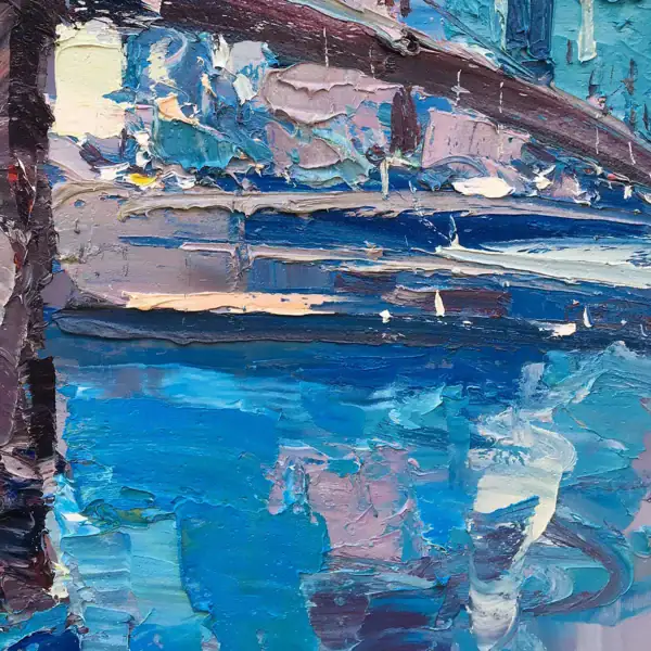 Macro detail of the vibrant blue oil paint and heavy impasto water reflections in Agostino Veroni's Brooklyn Bridge painting.