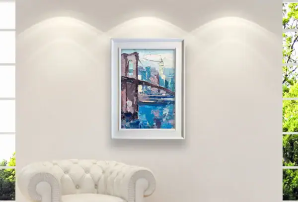 A dynamic New York urban canvas by Agostino Veroni displayed as a central art piece in a luxury interior above a white sofa.