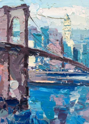 An original Brooklyn Bridge oil painting by Agostino Veroni, featuring the iconic NYC landmark with heavy impasto texture and palette knife strokes.