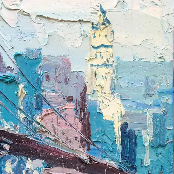 Detailed view of the New York City skyline and bridge cables rendered with modern impressionist impasto by Agostino Veroni.