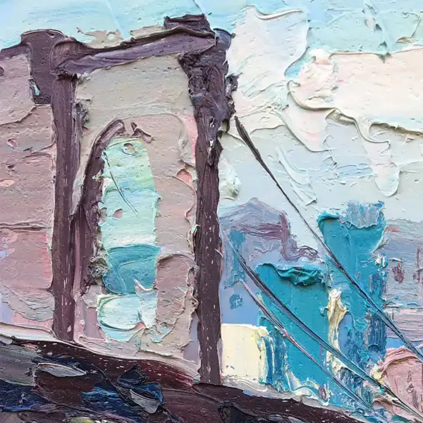 Close-up of the textured stone arch of the Brooklyn Bridge, showing the thick palette knife technique used by Agostino Veroni.