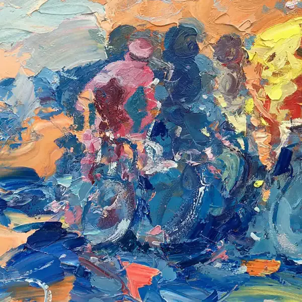 Macro detail of the peloton in motion, showing the heavy impasto technique used by Agostino Veroni to represent speed in a bicycle race.
