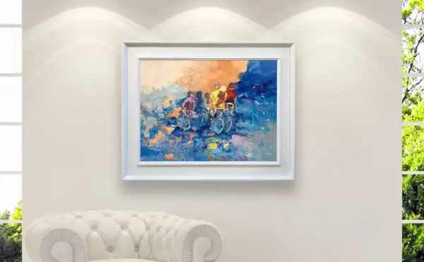 A dynamic sports art canvas of a cycling race by Agostino Veroni displayed as a centerpiece in a luxury interior.