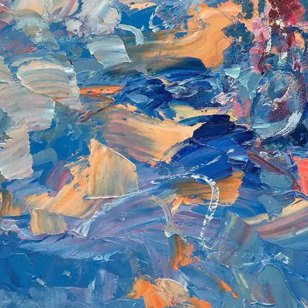 Close-up of the vibrant blue and orange palette knife strokes in Agostino Veroni's original cycling race oil painting.