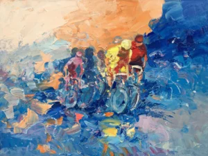 An original cycling race oil painting by Agostino Veroni, showing a colorful group of cyclists in motion with heavy impasto texture and palette knife strokes.