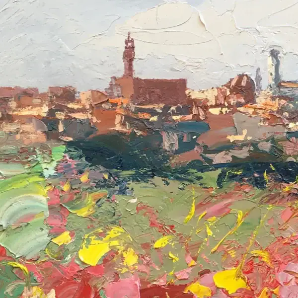 Detail of Brunelleschi's Dome in Florence, showing thick palette knife strokes in Agostino Veroni's original artwork.
