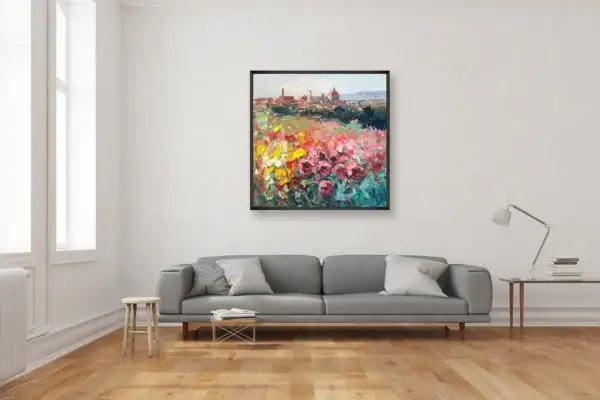 Romantic Florence cityscape with pink roses by Agostino Veroni, hanging in a bright, modern living room.