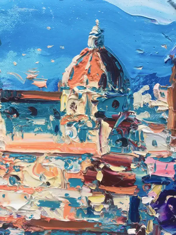 Close-up of the Florence Duomo showing the thick palette knife texture and impasto technique by Agostino Veroni.