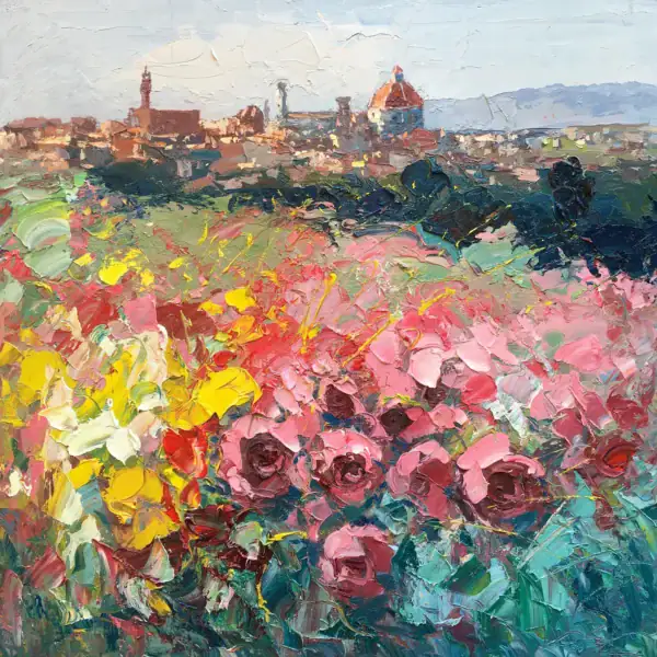 An original Florence Italy oil painting by Agostino Veroni, featuring the Duomo skyline framed by vibrant pink roses in heavy impasto.