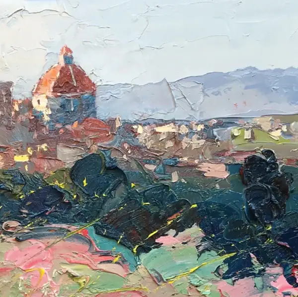 Close-up of the textured Florence skyline, including the Duomo and Arnolfo tower, rendered with heavy impasto by Agostino Veroni.