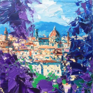An original Florence Italy oil painting by Agostino Veroni, featuring the Duomo view framed by a textured purple wisteria in heavy impasto.