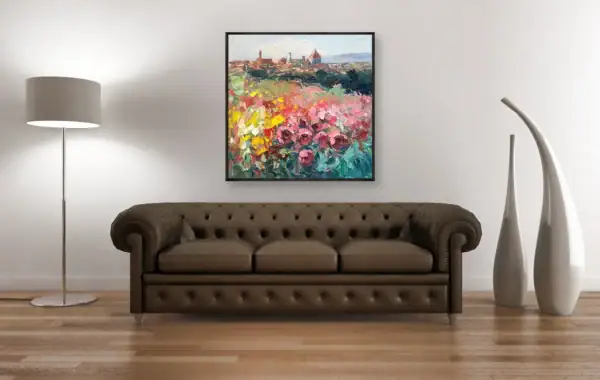 Large Florence Duomo canvas by Agostino Veroni showing roses in the foreground, styled above a classic brown leather chesterfield sofa