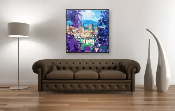 A large Florence Duomo canvas by Agostino Veroni as a focal point above a classic dark leather sofa.