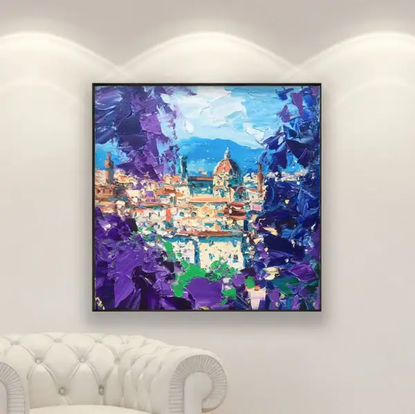 Original oil painting of Florence by Agostino Veroni displayed in a modern white interior.
