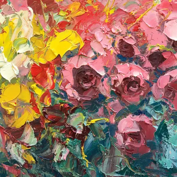 Macro view of the heavy impasto and palette knife technique on the pink roses and yellow wildflowers in this Florence oil painting.