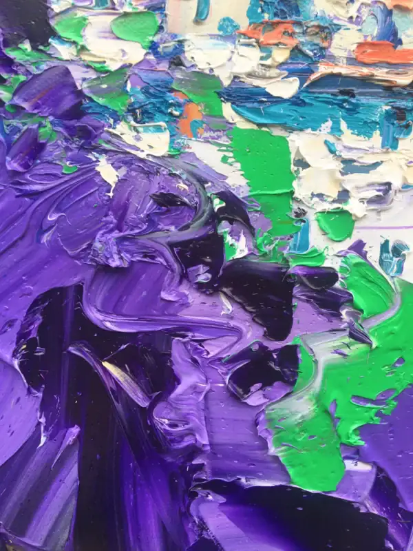 Macro detail of the purple wisteria flowers created with a palette knife in Agostino Veroni's Florence painting.