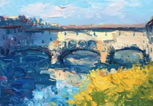 An original Ponte Vecchio Florence oil painting by Agostino Veroni, featuring the bridge with vibrant blue and yellow reflections and heavy impasto texture.