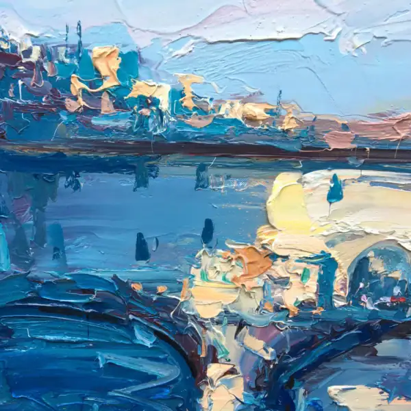 Artistic detail of the deep blue and turquoise oil paint layers depicting the Arno river in this original Italian cityscape.