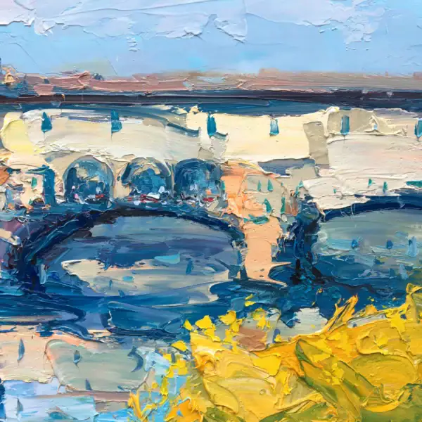 Macro detail of the heavy impasto and palette knife texture on the historic buildings and yellow foliage of Ponte Vecchio in Florence.