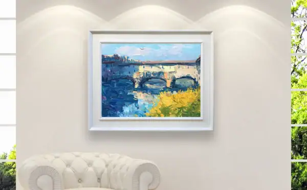 Close-up of a vibrant Florence cityscape painting by Agostino Veroni, showing its impact in a contemporary living room setting.