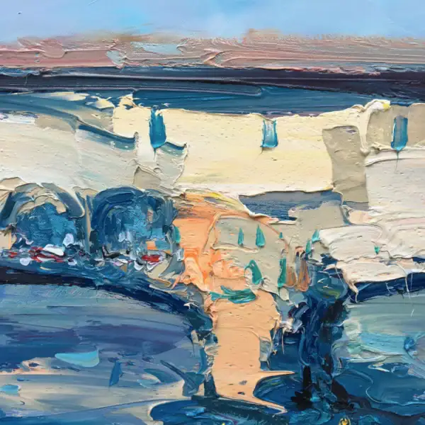 Close-up of the rhythmic palette knife strokes representing the river reflections and stone arches in Agostino Veroni's Florence painting.