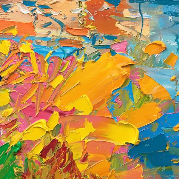 Extreme close-up of the heavy impasto and palette knife texture on the coastal flowers in Agostino Veroni's Portofino artwork.