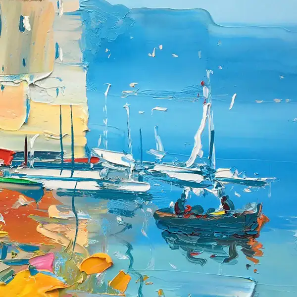Macro detail of the turquoise Mediterranean sea and white sailboats in Agostino Veroni's Portofino painting.