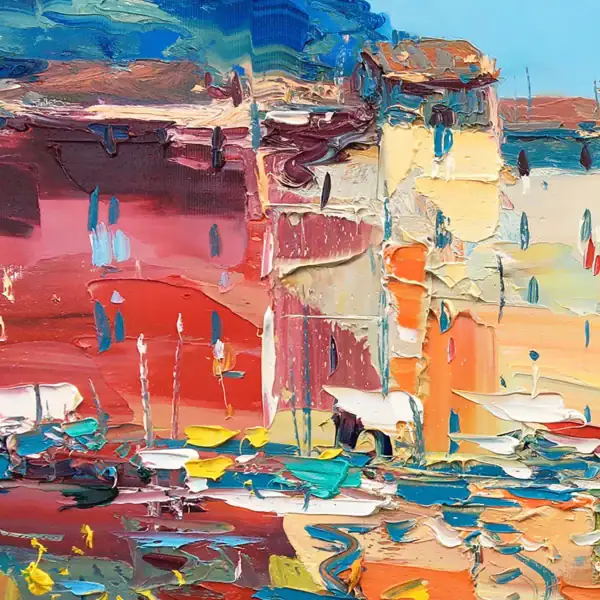 Artistic detail of the vibrant red houses and pink floral accents in this original Portofino Italy cityscape by Agostino Veroni.