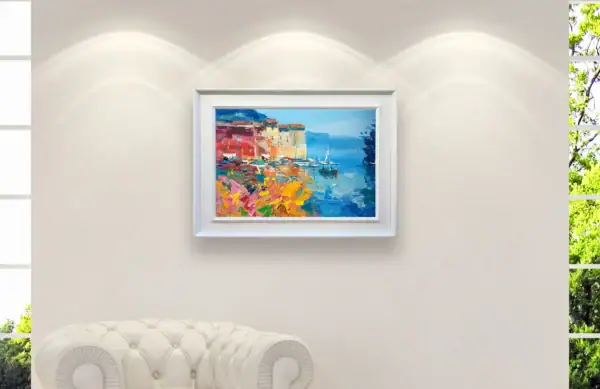 Close-up of a vibrant Portofino Riviera painting by Agostino Veroni, showing its impact in a contemporary living room setting.