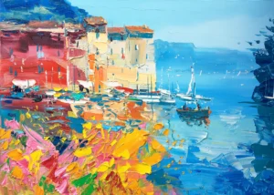 An original Portofino Italy oil painting by Agostino Veroni, featuring the vibrant harbor houses and turquoise sea with heavy impasto texture.