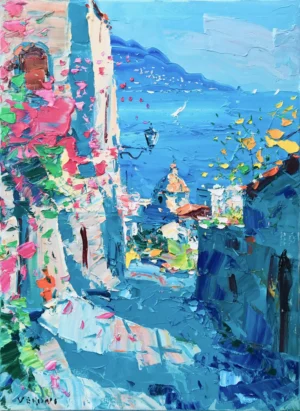 Original vertical oil painting of a Positano alley by Agostino Veroni, featuring pink flowers, a street lamp, and the church dome against a bright turquoise sea with heavy palette knife texture.