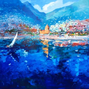 Original oil painting of Positano by Agostino Veroni, featuring a white sailboat on a deep blue sea with the sun-drenched hillside town and golden church dome reflections in heavy impasto.