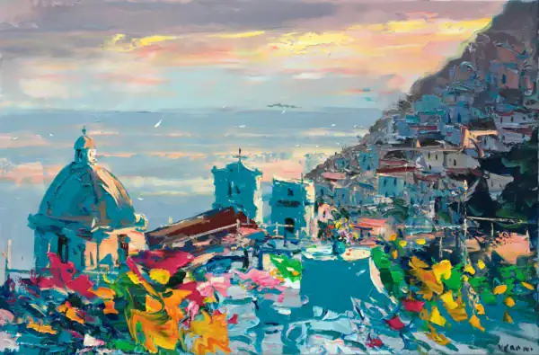 Original Positano Oil Painting – Sunset Coastal View