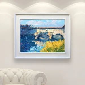 Ponte Vecchio Florence reflections oil painting on canvas displayed in a refined interior, showing luminous reflections of the bridge on the Arno River with expressive modern impressionist texture.